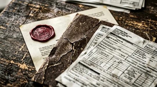 Document officiel avec tampon de reconnaissance de catastrophe naturelle et dossier de sinistre sur bureau en bois