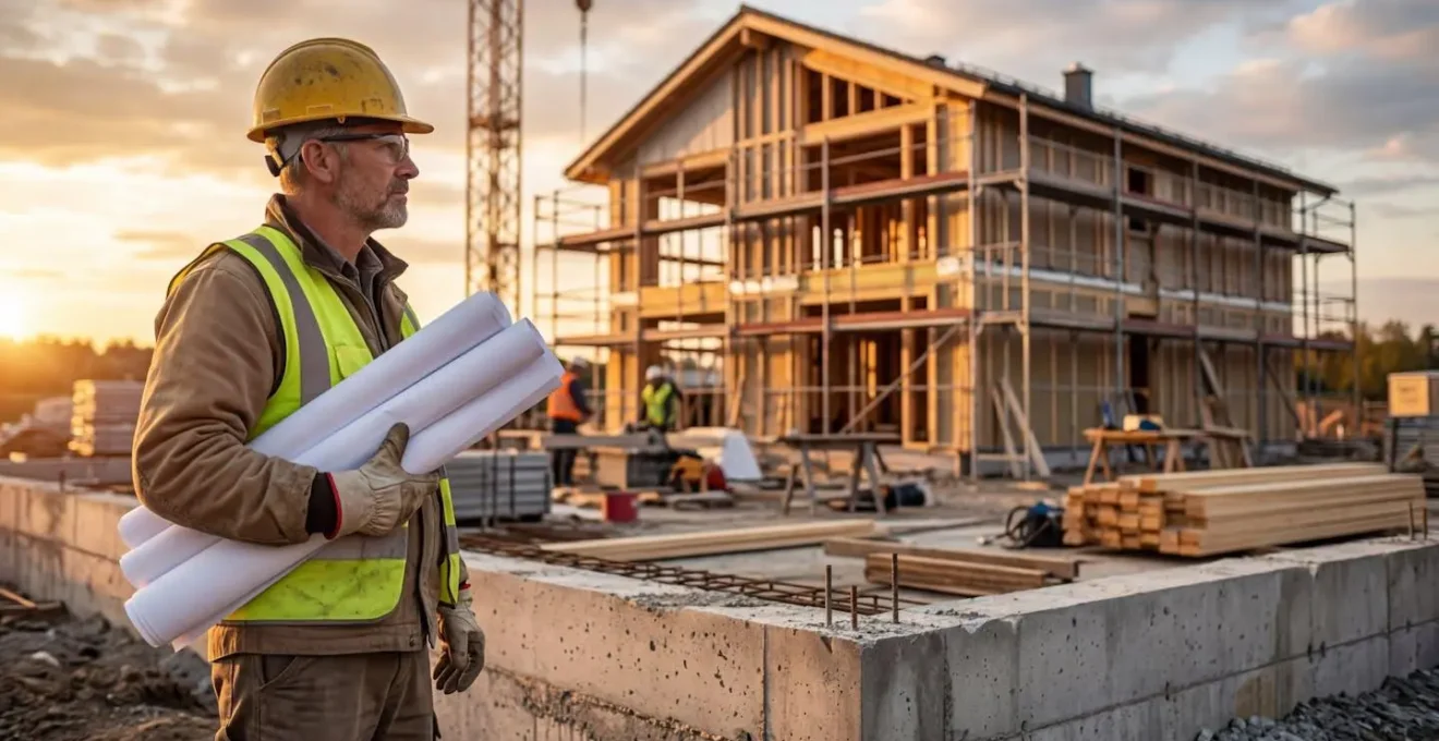 Artisan du bâtiment avec casque de sécurité examinant des plans de construction sur un chantier