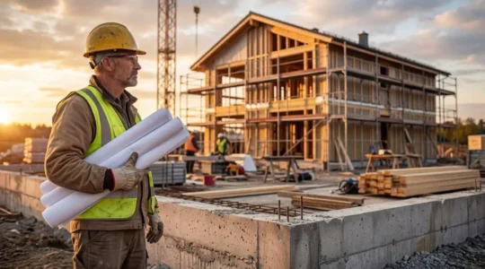 Artisan du bâtiment avec casque de sécurité examinant des plans de construction sur un chantier