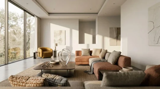 Vue d'ensemble moderne d'un appartement avec symboles de protection d'assurance habitation