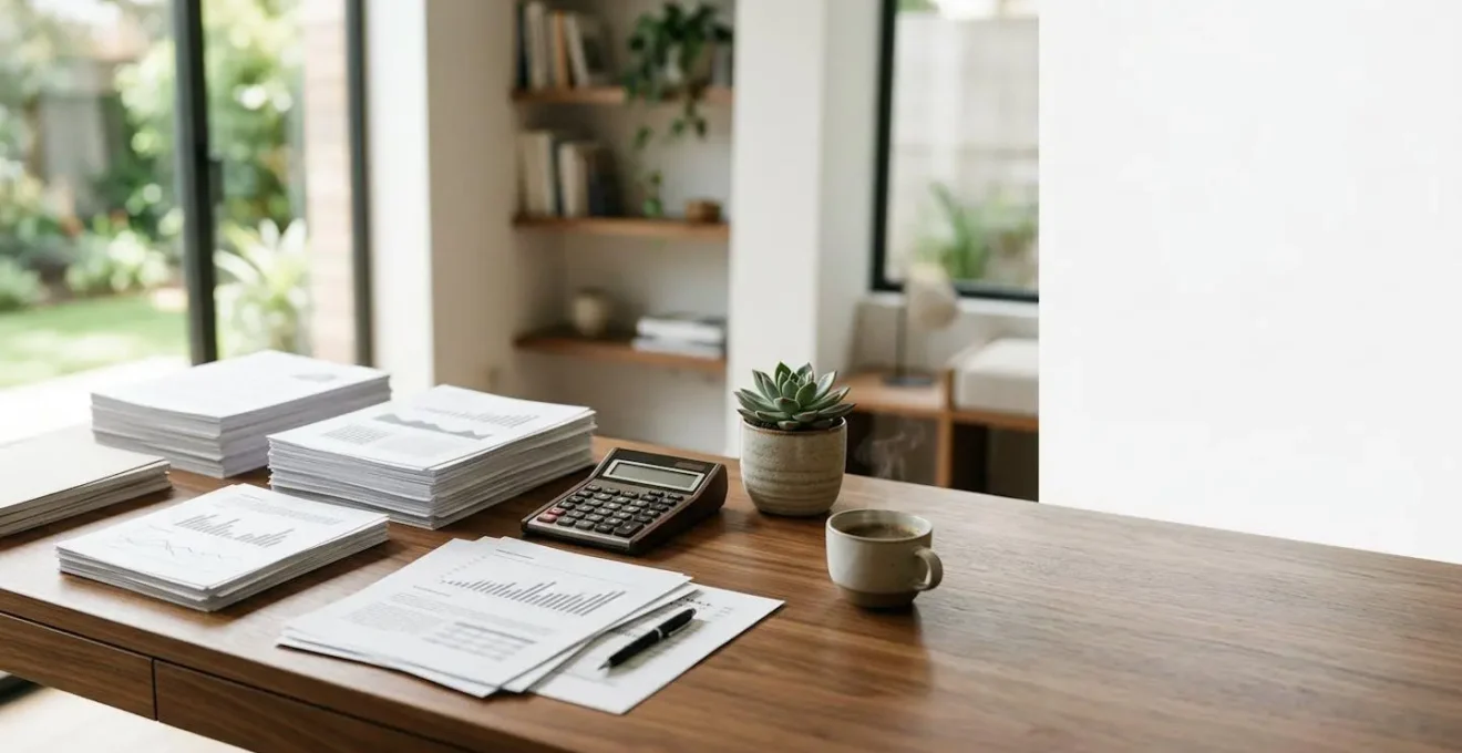Bureau moderne avec documents financiers et calculatrice sur une table en bois, plante verte et lumière naturelle