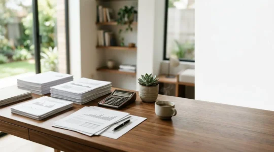 Bureau moderne avec documents financiers et calculatrice sur une table en bois, plante verte et lumière naturelle