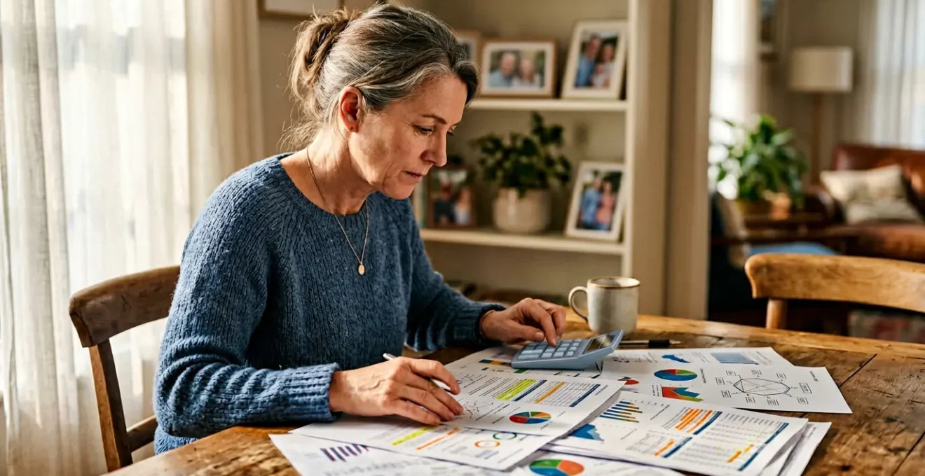 Femme analysant des documents d'expertise AIPP avec une calculatrice et des graphiques sur une table