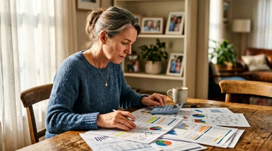 Femme analysant des documents d'expertise AIPP avec une calculatrice et des graphiques sur une table