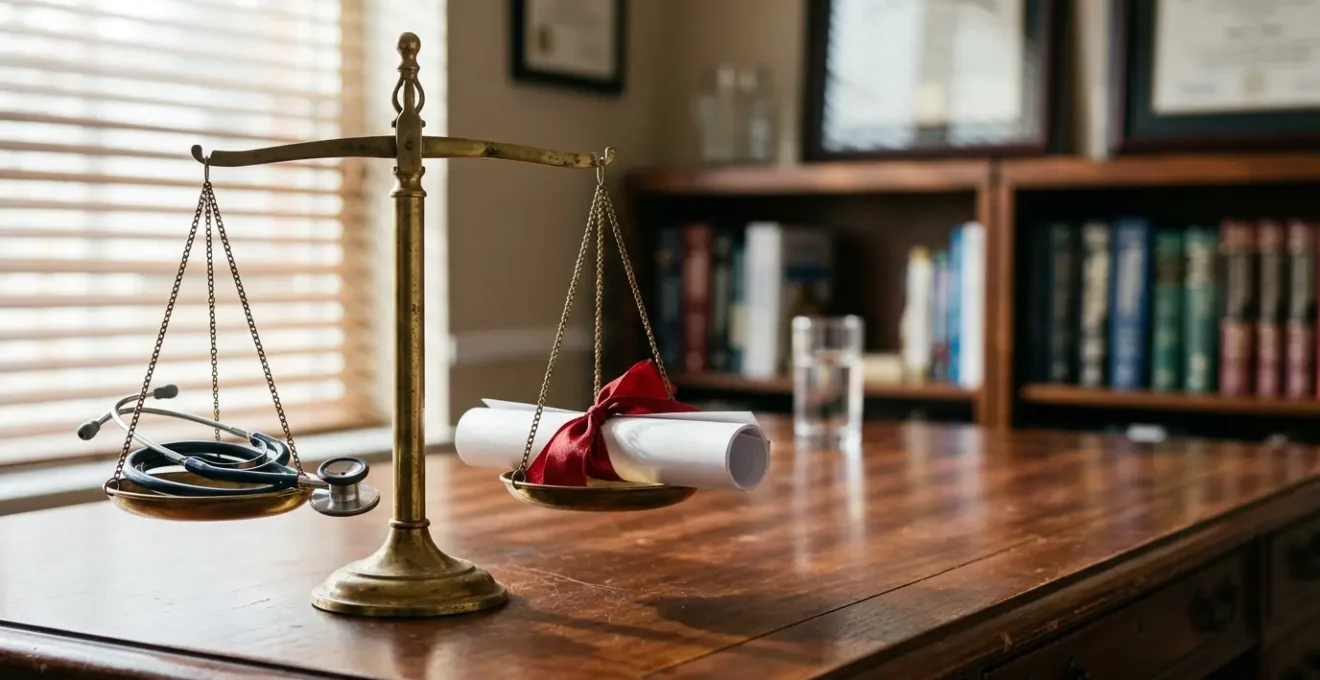 Balance de la justice entrelacée avec un stéthoscope médical et dossiers papier sur bureau éclairé