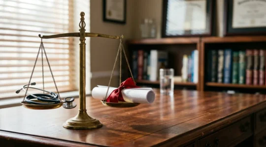 Balance de la justice entrelacée avec un stéthoscope médical et dossiers papier sur bureau éclairé