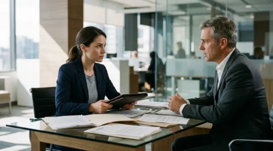 Emprunteur face à un conseiller bancaire dans un bureau moderne avec documents d'assurance éparpillés sur le bureau