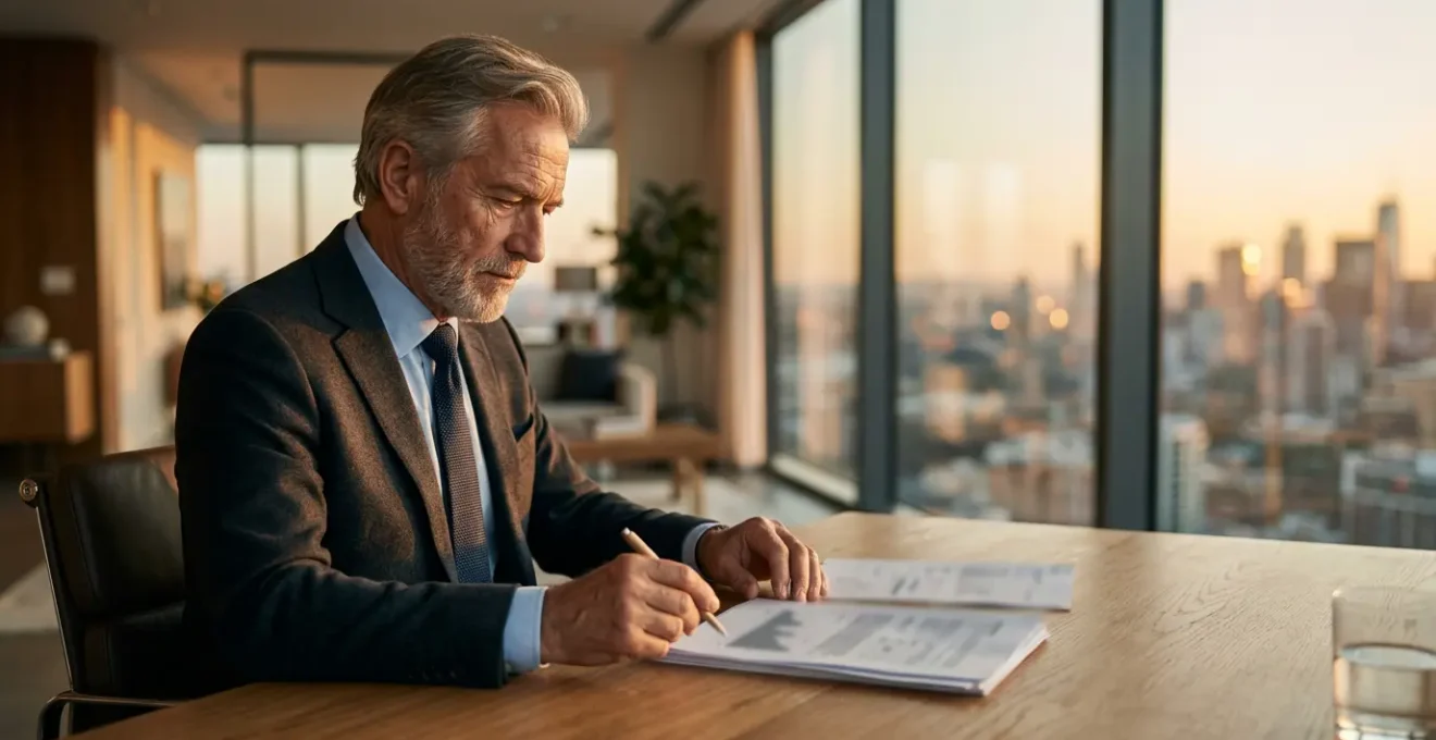 Cadre senior consultant des documents de retraite dans un bureau moderne avec vue sur la ville