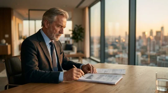 Cadre senior consultant des documents de retraite dans un bureau moderne avec vue sur la ville