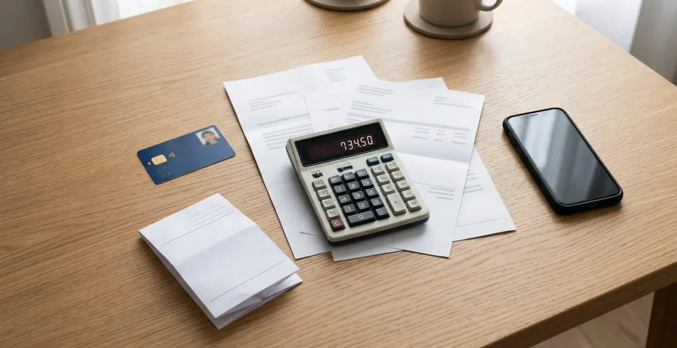 Vue d'ensemble d'un bureau avec calculatrice, factures médicales et carte vitale