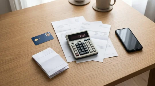 Vue d'ensemble d'un bureau avec calculatrice, factures médicales et carte vitale