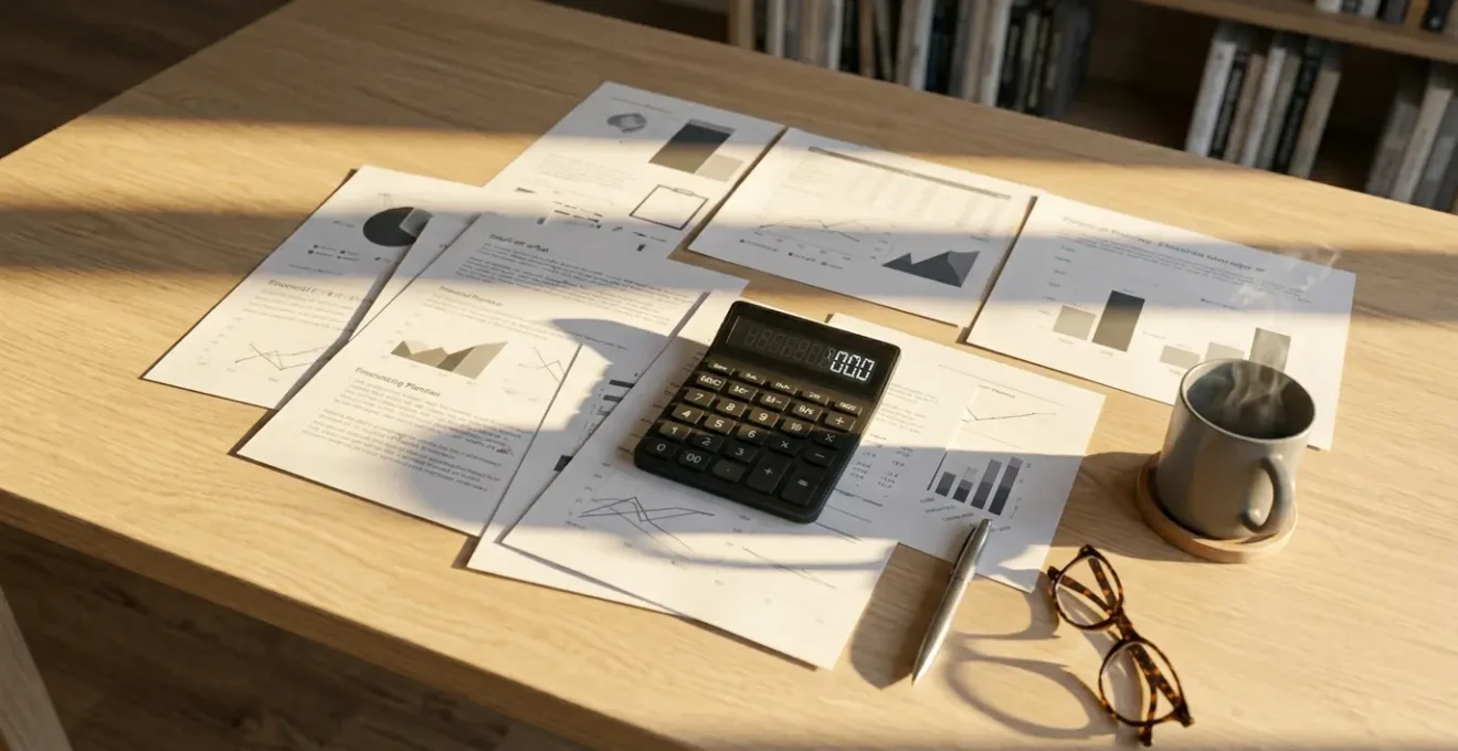 Vue panoramique d'un bureau moderne avec calculatrice, documents de planification retraite et graphiques de projection financière