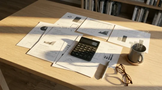 Vue panoramique d'un bureau moderne avec calculatrice, documents de planification retraite et graphiques de projection financière
