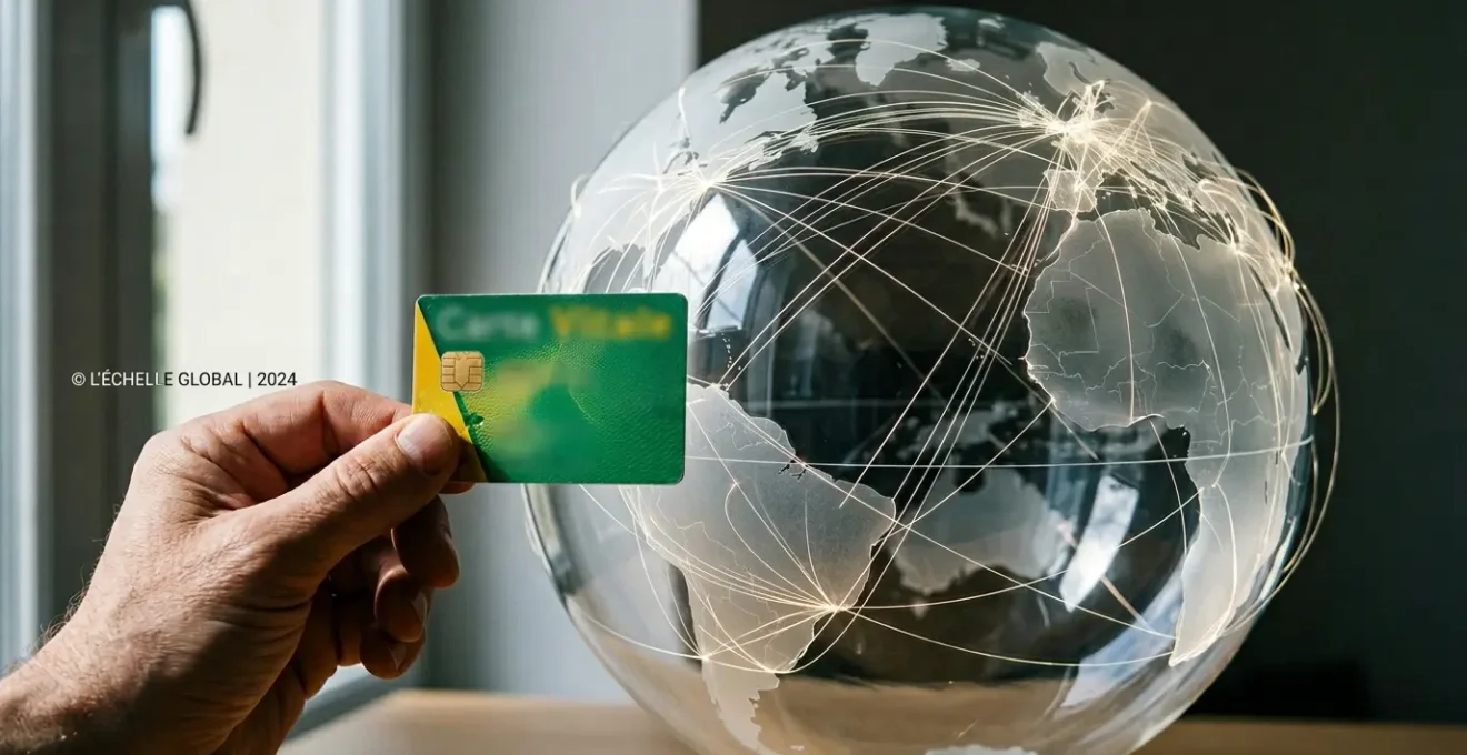Une main tient une carte Vitale française face à un globe terrestre lumineux avec des connexions internationales