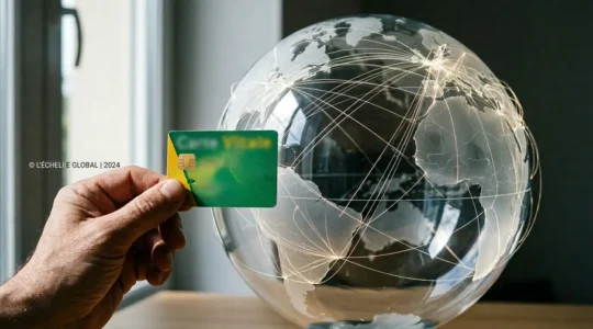Une main tient une carte Vitale française face à un globe terrestre lumineux avec des connexions internationales