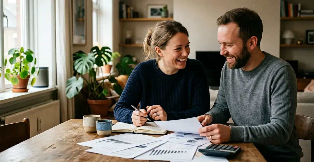 Couple consultant des documents financiers avec calculatrice sur table en bois, graphiques d'économies en arrière-plan