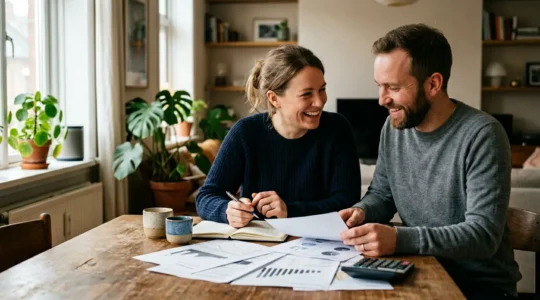 Couple consultant des documents financiers avec calculatrice sur table en bois, graphiques d'économies en arrière-plan