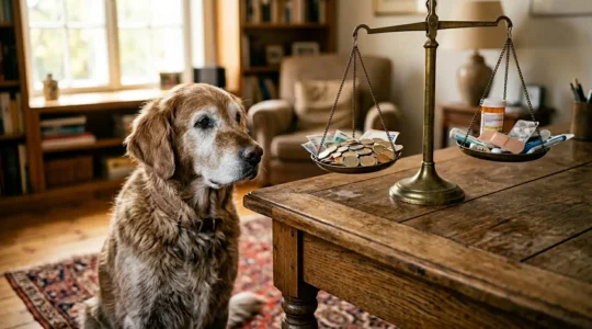 Chien âgé avec documents d'assurance et calculatrice symbolisant l'équilibre entre cotisations et remboursements