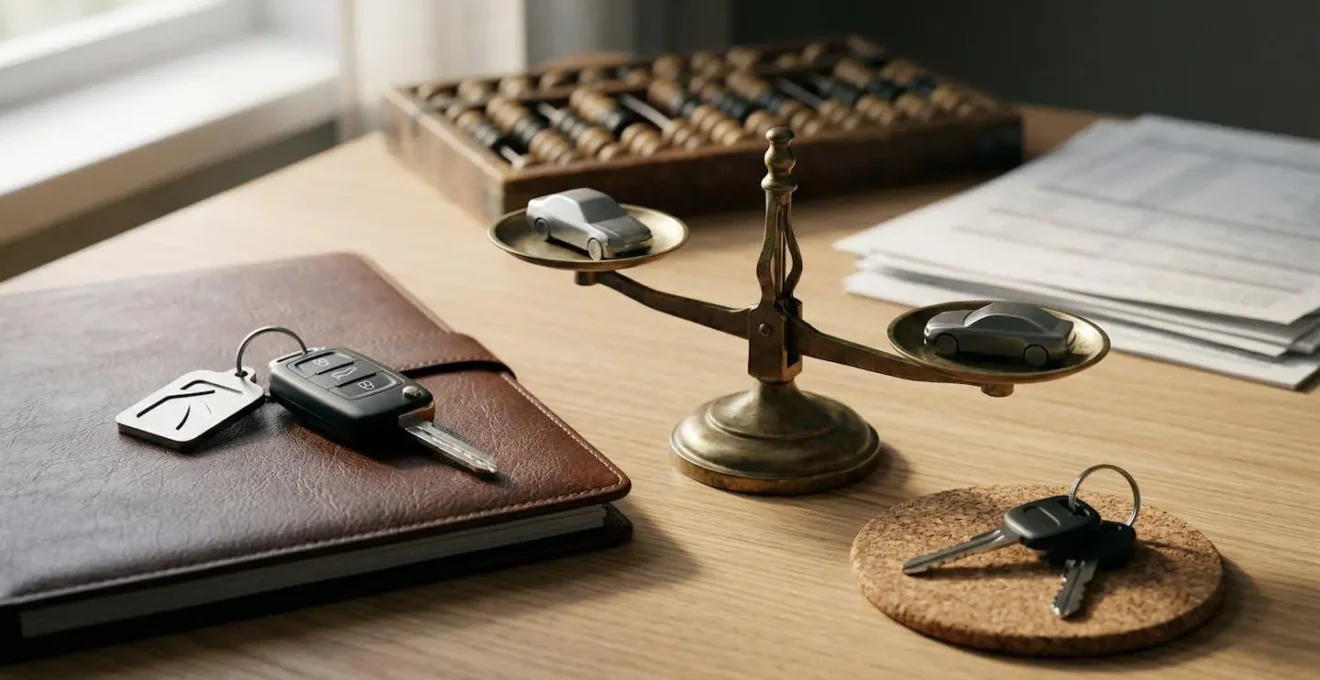Comparaison visuelle entre deux options d'assurance automobile avec clés de voiture et calculatrice