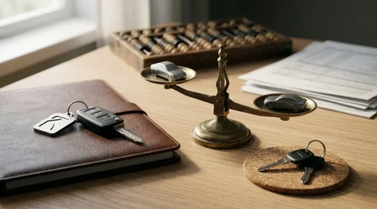 Comparaison visuelle entre deux options d'assurance automobile avec clés de voiture et calculatrice