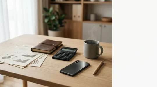 Documents administratifs de retraite et chômage sur un bureau lumineux avec calculatrice et café