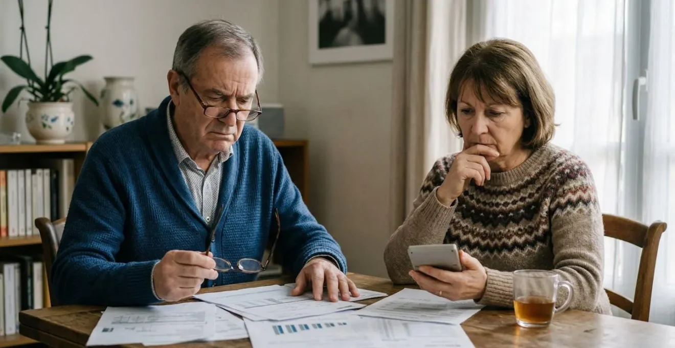 Couple de seniors analysant avec inquiétude leurs documents de mutuelle santé devant une calculatrice