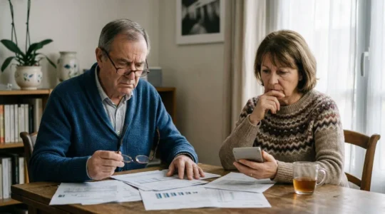Couple de seniors analysant avec inquiétude leurs documents de mutuelle santé devant une calculatrice