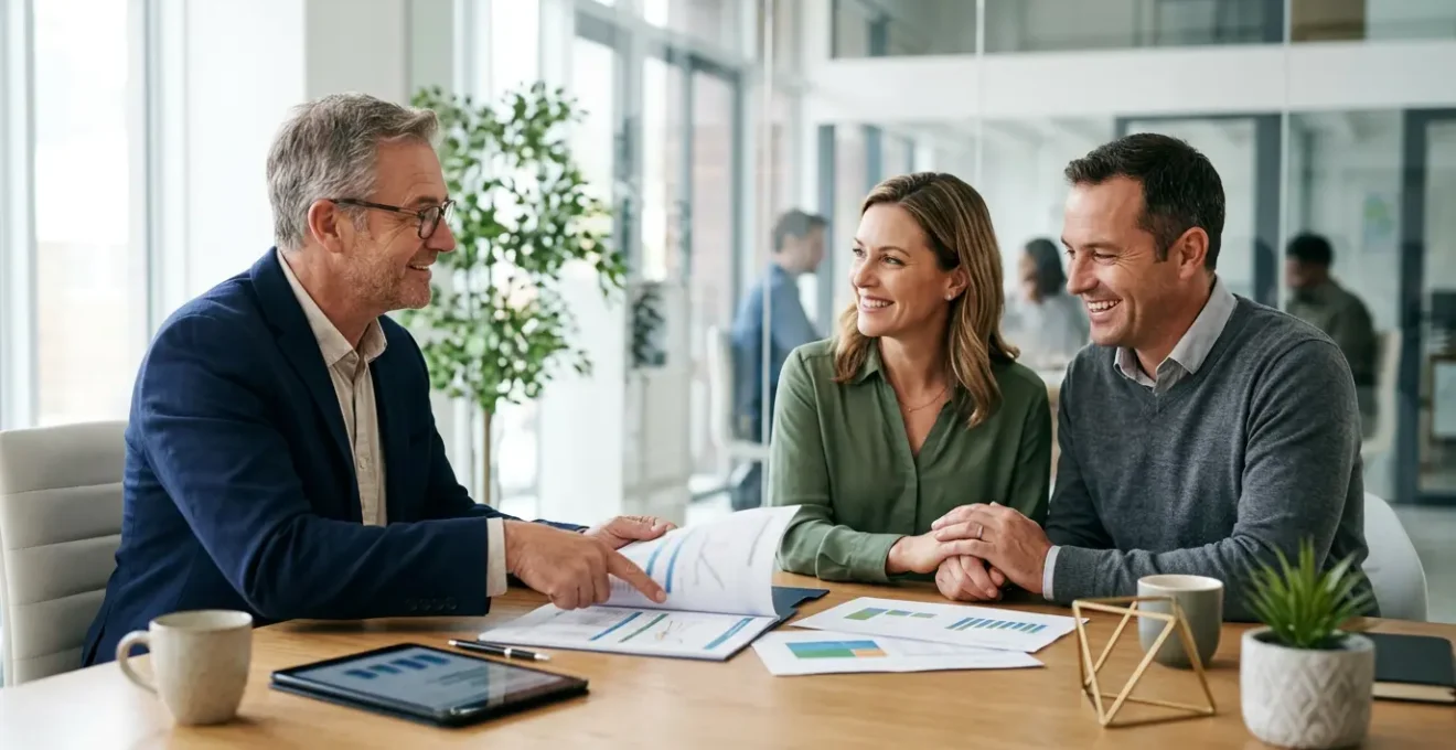 Conseiller analysant les options d'assurance emprunteur avec un couple pour optimiser leur dossier de prêt