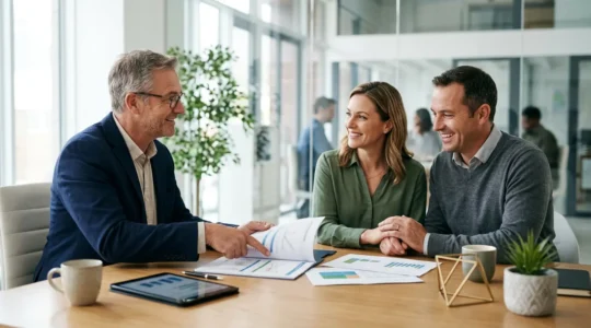 Conseiller analysant les options d'assurance emprunteur avec un couple pour optimiser leur dossier de prêt