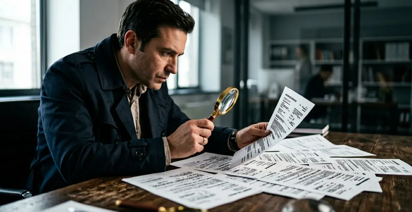 Détective examinant des documents d'assurance avec une loupe, découvrant des doublons cachés