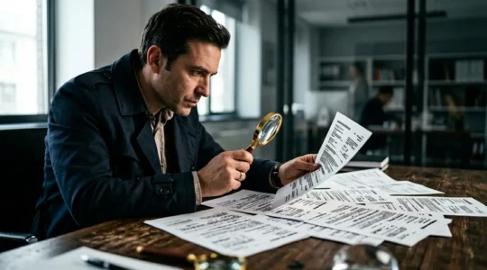 Détective examinant des documents d'assurance avec une loupe, découvrant des doublons cachés