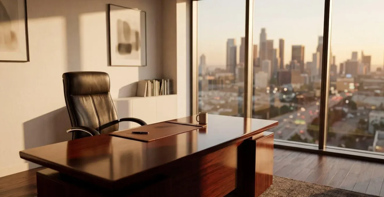 Vue d'ensemble d'un bureau d'entreprise vide avec chaise de direction vacante symbolisant l'absence du dirigeant