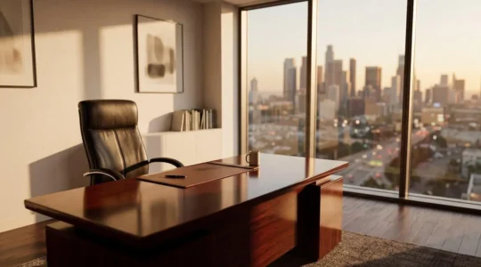 Vue d'ensemble d'un bureau d'entreprise vide avec chaise de direction vacante symbolisant l'absence du dirigeant