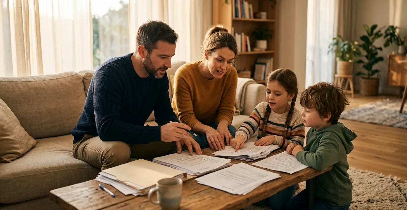 Famille examinant des documents de santé ensemble dans un salon lumineux