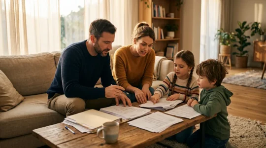 Famille examinant des documents de santé ensemble dans un salon lumineux