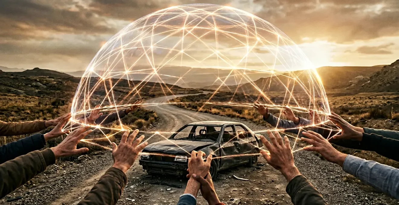 Scène symbolique représentant la solidarité après un accident impliquant un conducteur non assuré