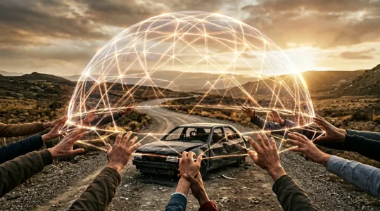 Scène symbolique représentant la solidarité après un accident impliquant un conducteur non assuré