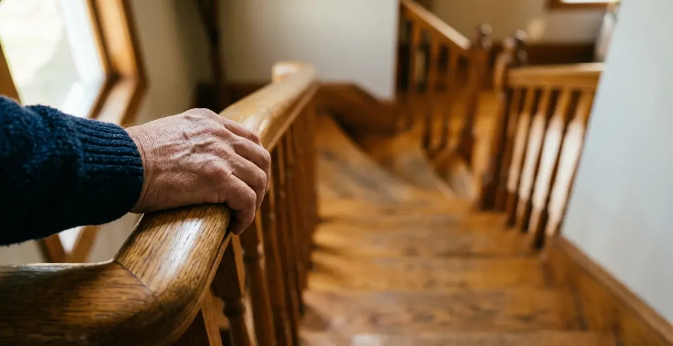 Personne tenant fermement une rampe d'escalier avec focus sur la main et escalier en arrière-plan flou