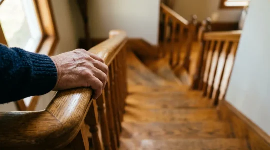 Personne tenant fermement une rampe d'escalier avec focus sur la main et escalier en arrière-plan flou