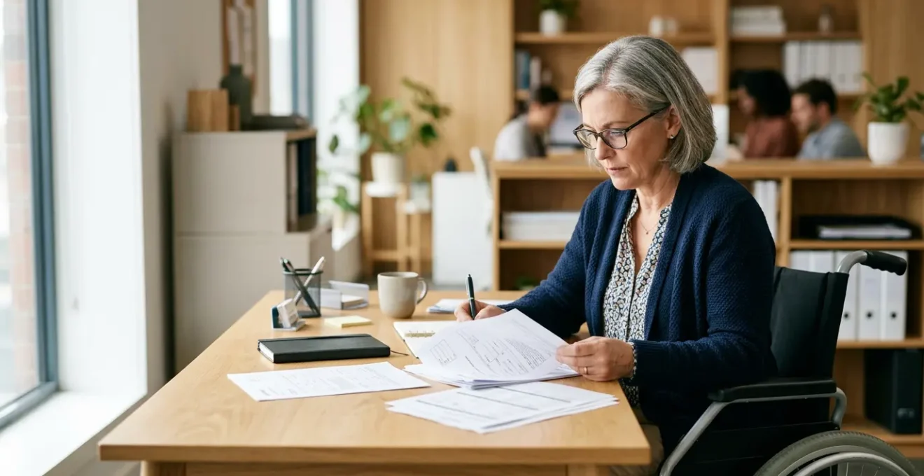 Personne en fauteuil roulant consultant des documents administratifs dans un bureau lumineux