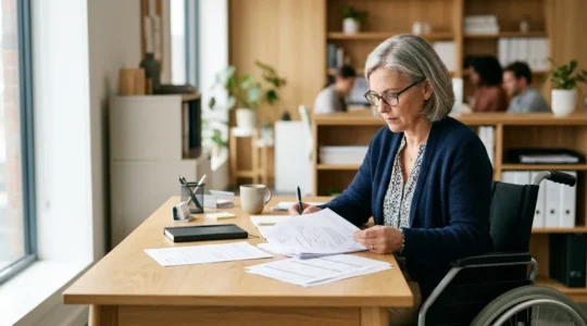 Personne en fauteuil roulant consultant des documents administratifs dans un bureau lumineux