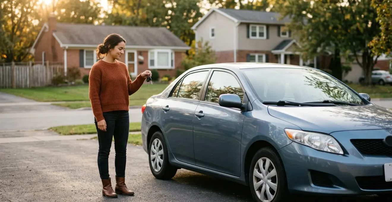Jeune conducteur devant sa première voiture avec documents d'assurance
