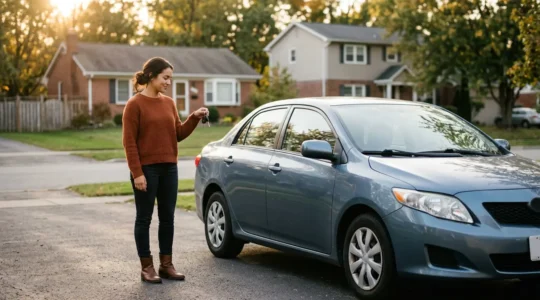 Jeune conducteur devant sa première voiture avec documents d'assurance