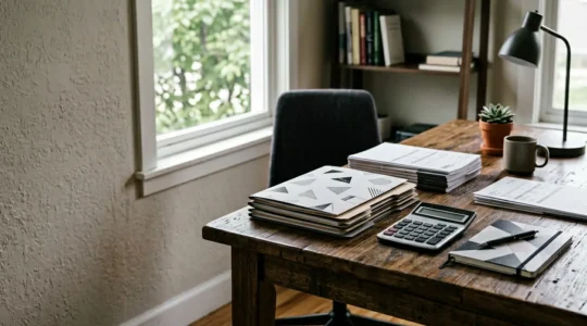 Bureau professionnel avec documents financiers et calculatrice pour planification retraite