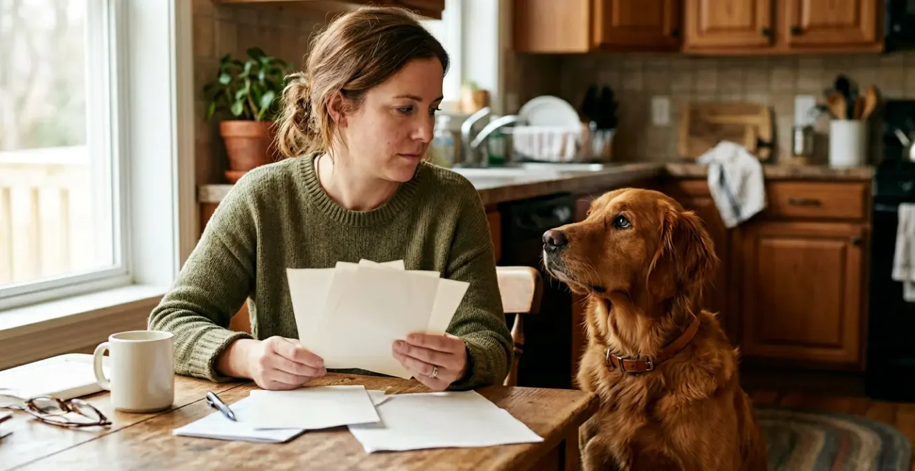 Propriétaire regardant une facture vétérinaire avec son chien à côté