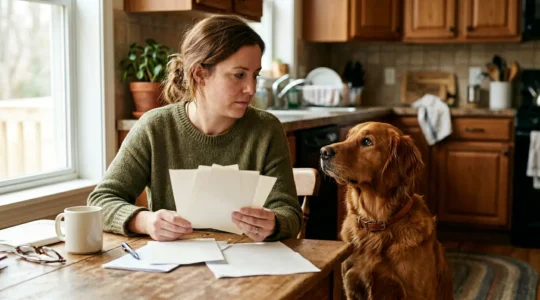 Propriétaire regardant une facture vétérinaire avec son chien à côté