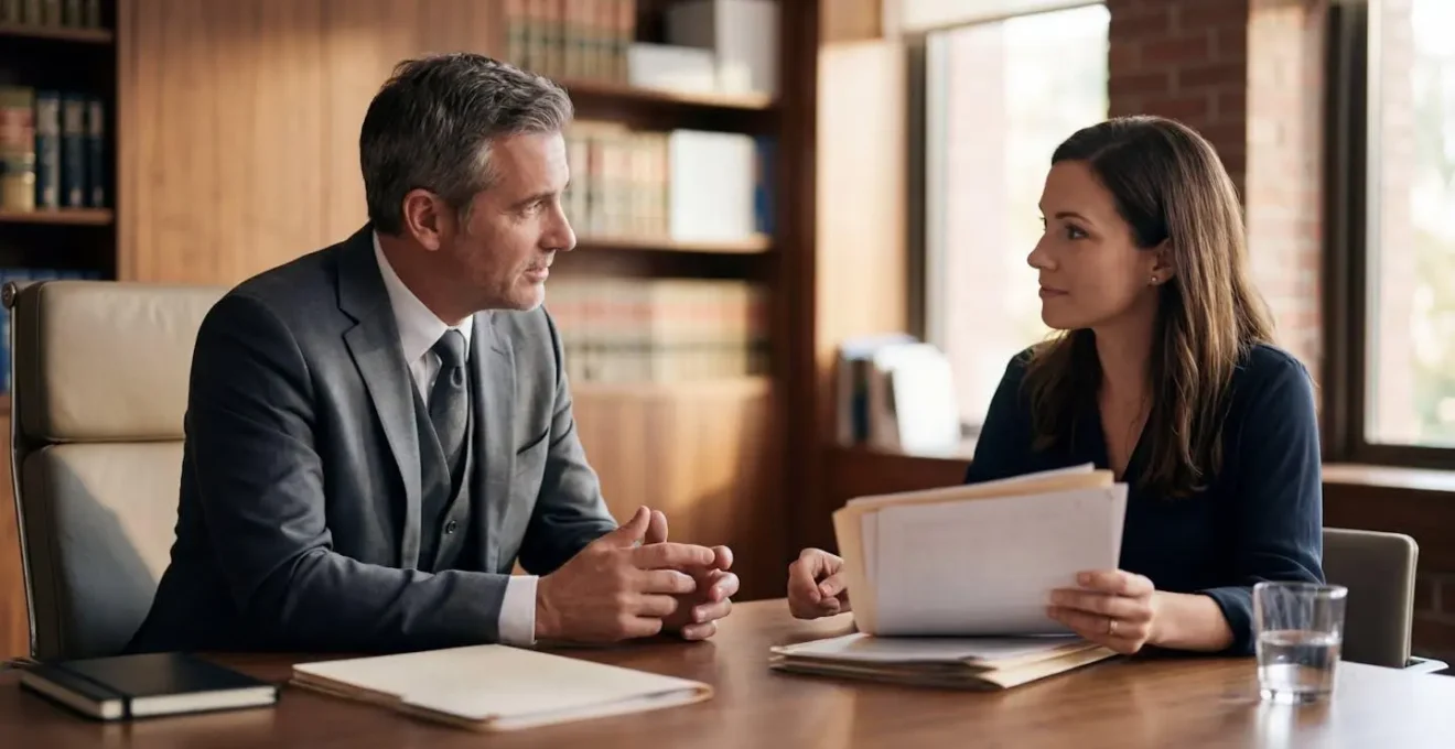 Avocat et client en consultation dans un bureau lumineux avec documents juridiques