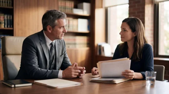 Avocat et client en consultation dans un bureau lumineux avec documents juridiques