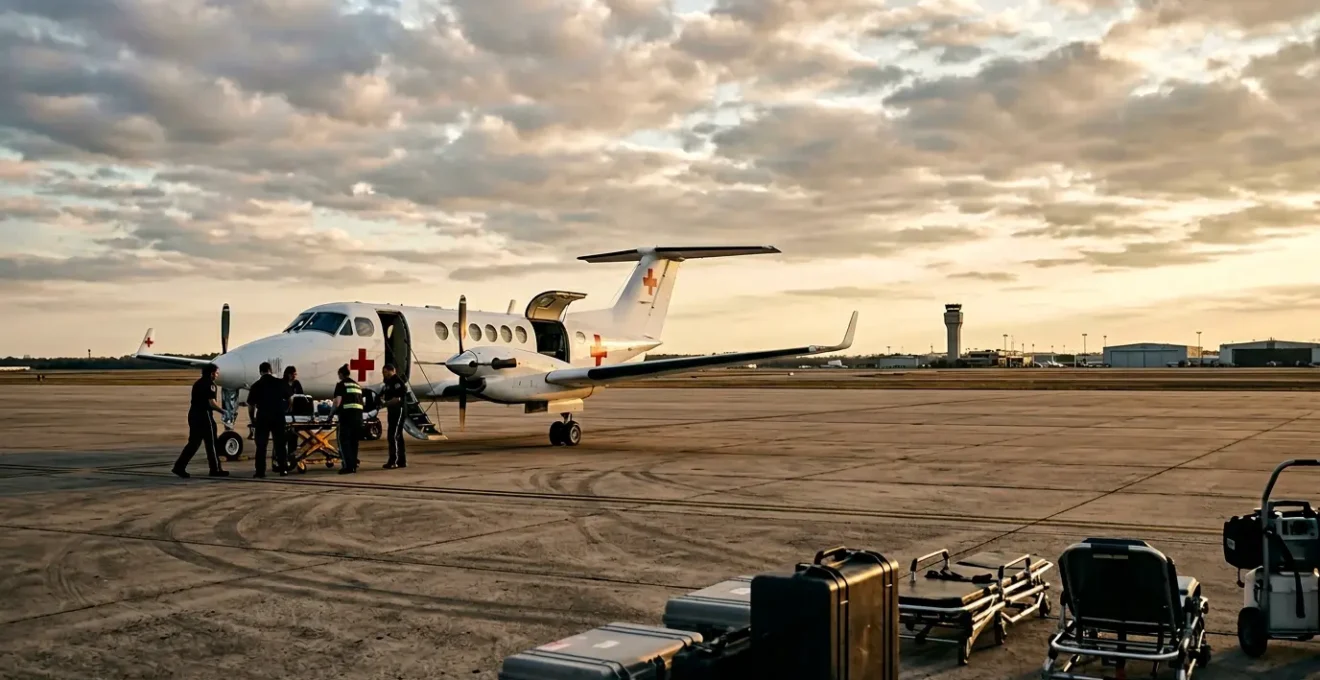 Vue d'un avion médicalisé sur le tarmac avec équipement médical visible et équipe médicale
