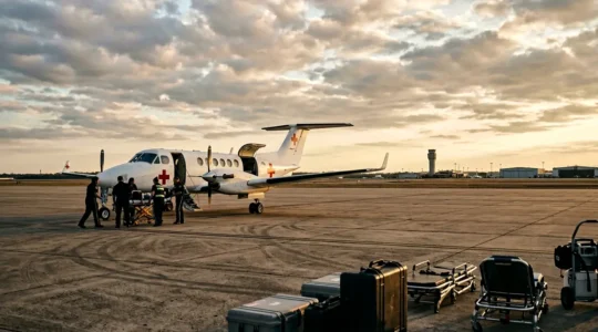 Vue d'un avion médicalisé sur le tarmac avec équipement médical visible et équipe médicale